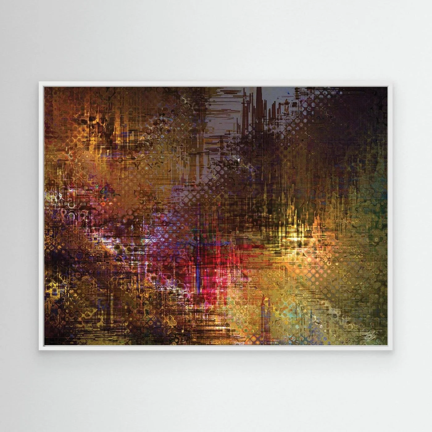 Abstract fine art print evoking a textured futuristic city skyline with complex digital glitch patterns and geometric grids in bronze, gold, and red tones, framed and ready to hang. With white frame