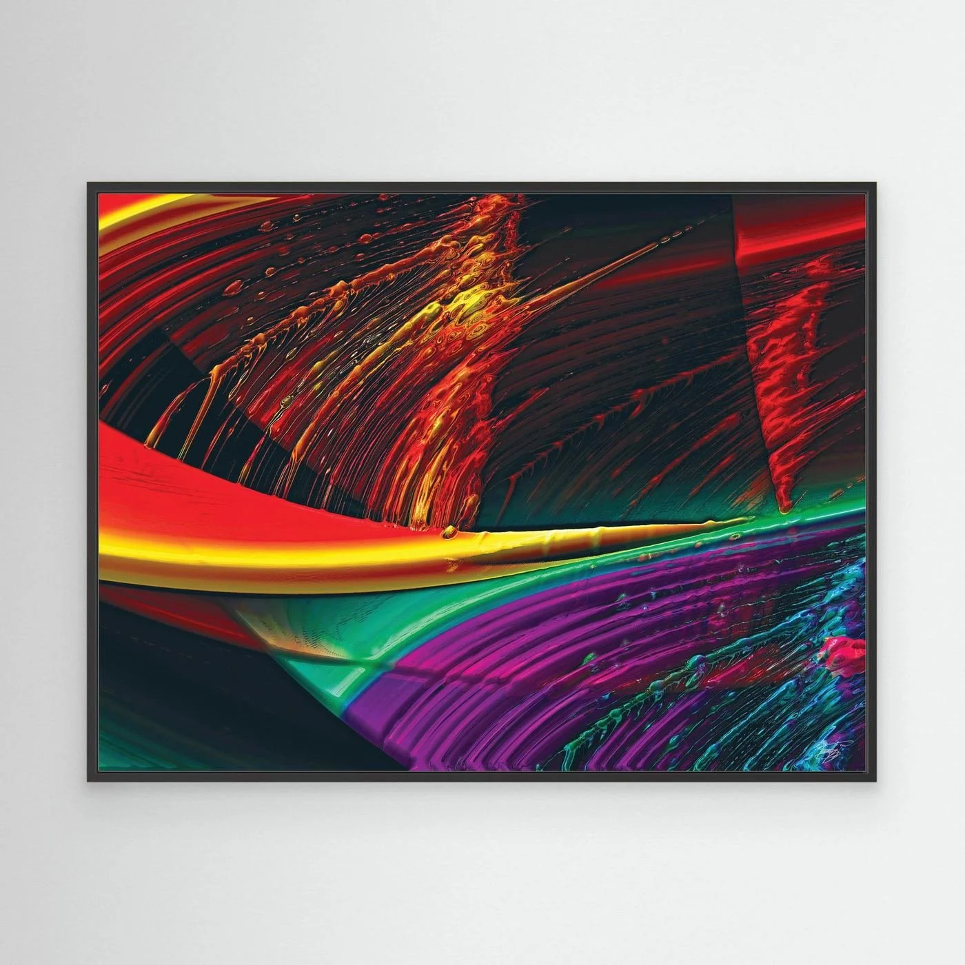 Abstract fine art print with high-gloss liquid textures, showcasing heavy 3D brushstrokes in fiery red, bright yellow, green, and deep purple tones, framed and ready to hang. With black frame