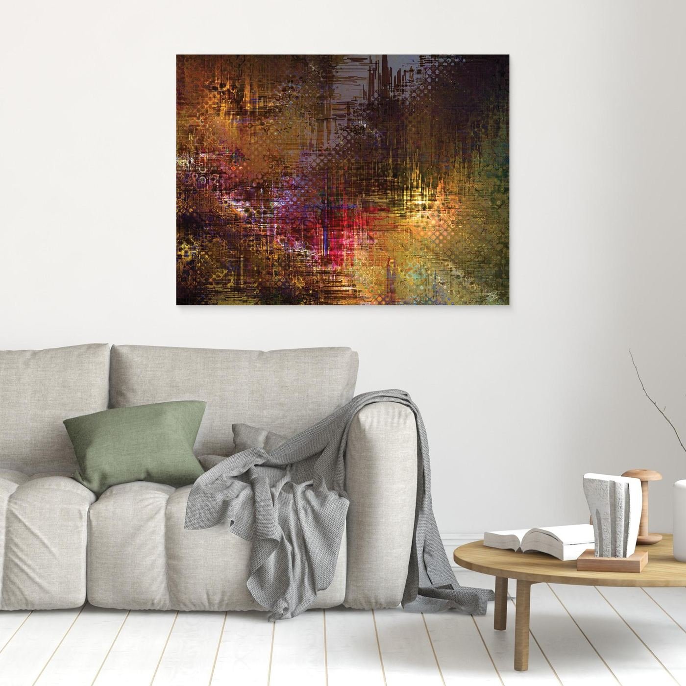 Abstract fine art print evoking a textured futuristic city skyline with complex digital glitch patterns and geometric grids in bronze, gold, and red tones, framed and ready to hang. In living room