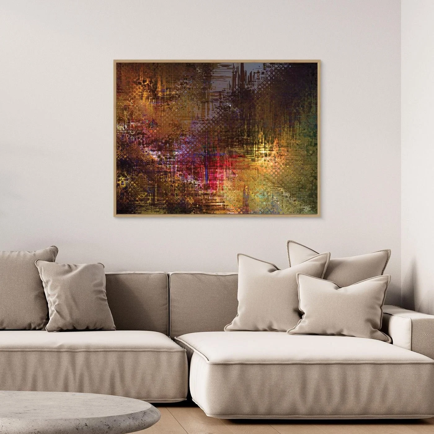 Abstract fine art print evoking a textured futuristic city skyline with complex digital glitch patterns and geometric grids in bronze, gold, and red tones, framed and ready to hang. Over grey sofa
