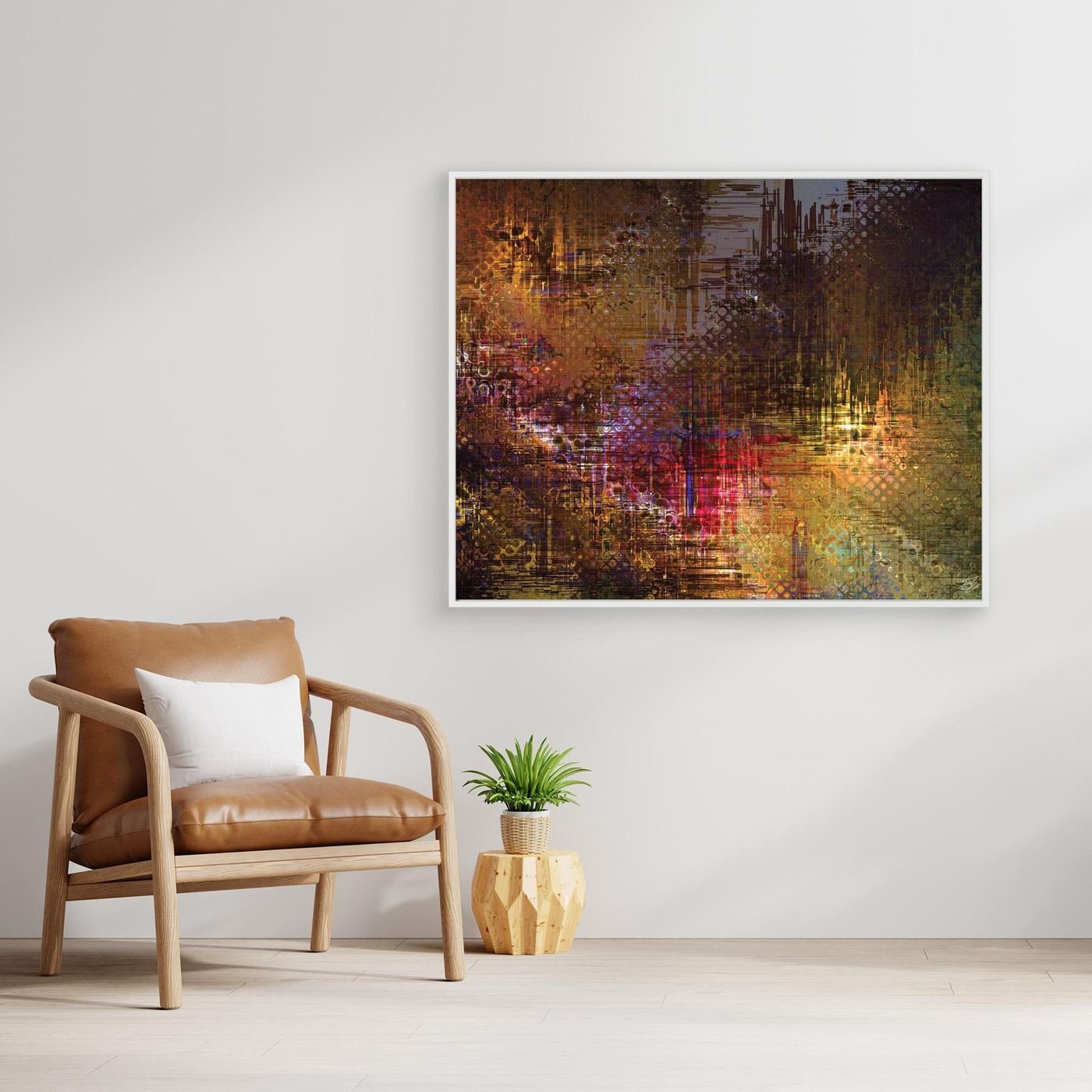 Abstract fine art print evoking a textured futuristic city skyline with complex digital glitch patterns and geometric grids in bronze, gold, and red tones, framed and ready to hang. With chair