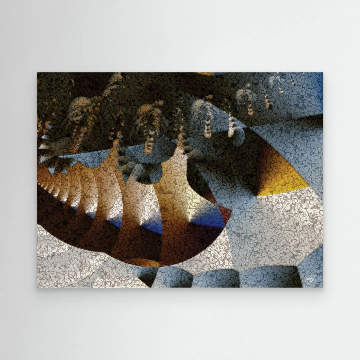 Abstract fine art print featuring textured geometric shapes, mosaic patterns, and a color palette of gold, brown, and blue, framed and ready to hang.