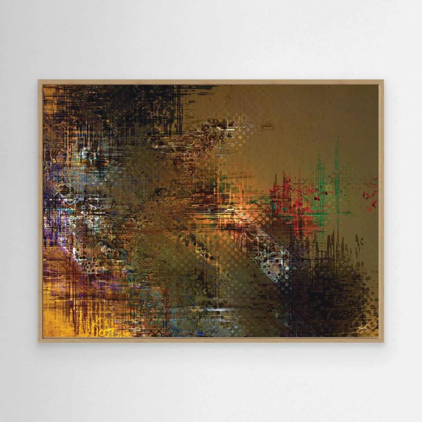 Abstract fine art print showcasing intricate glitch patterns and geometric grids overlaying a muted brown background with industrial tones, framed and ready to hang. With wooden frame