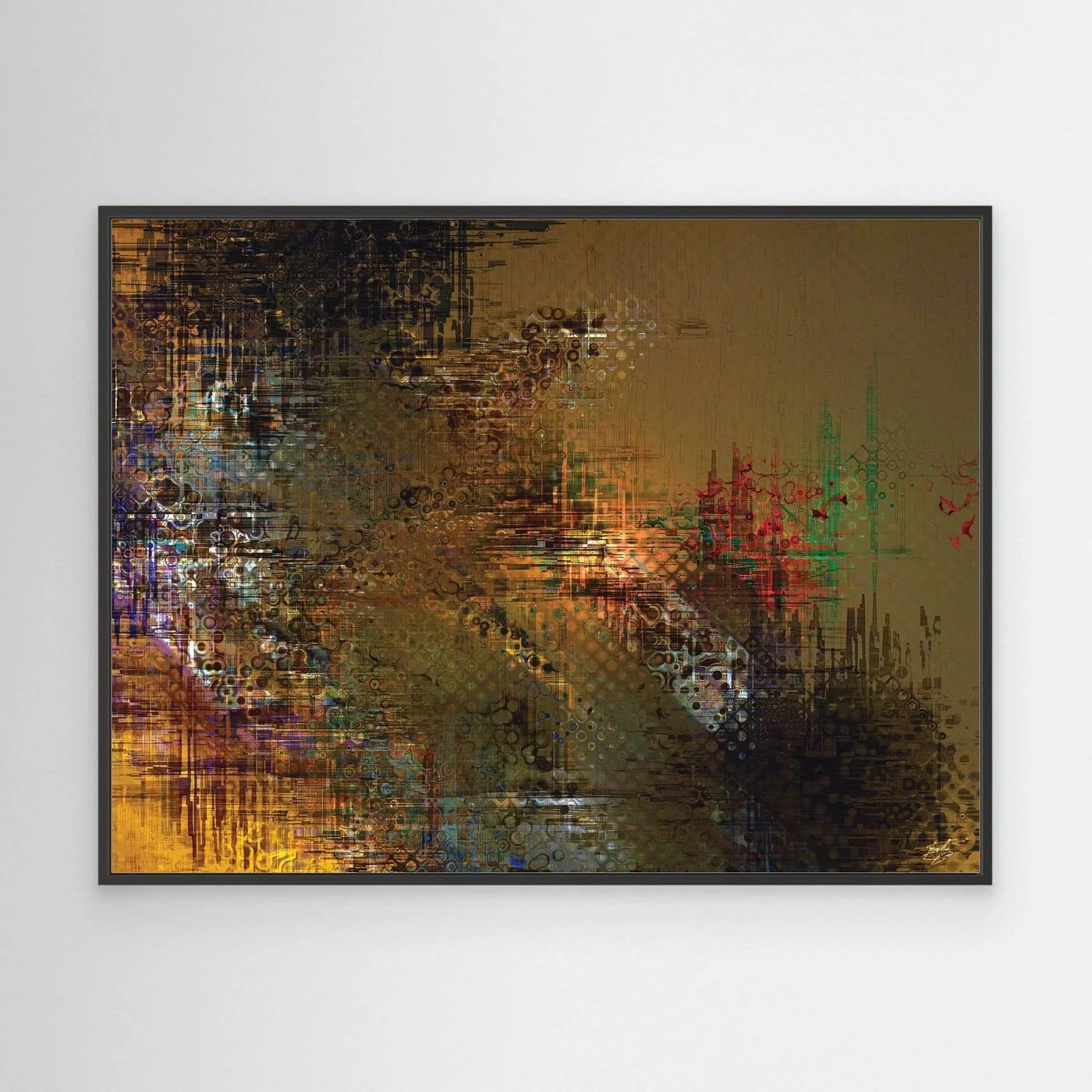 Abstract fine art print showcasing intricate glitch patterns and geometric grids overlaying a muted brown background with industrial tones, framed and ready to hang. With black frame