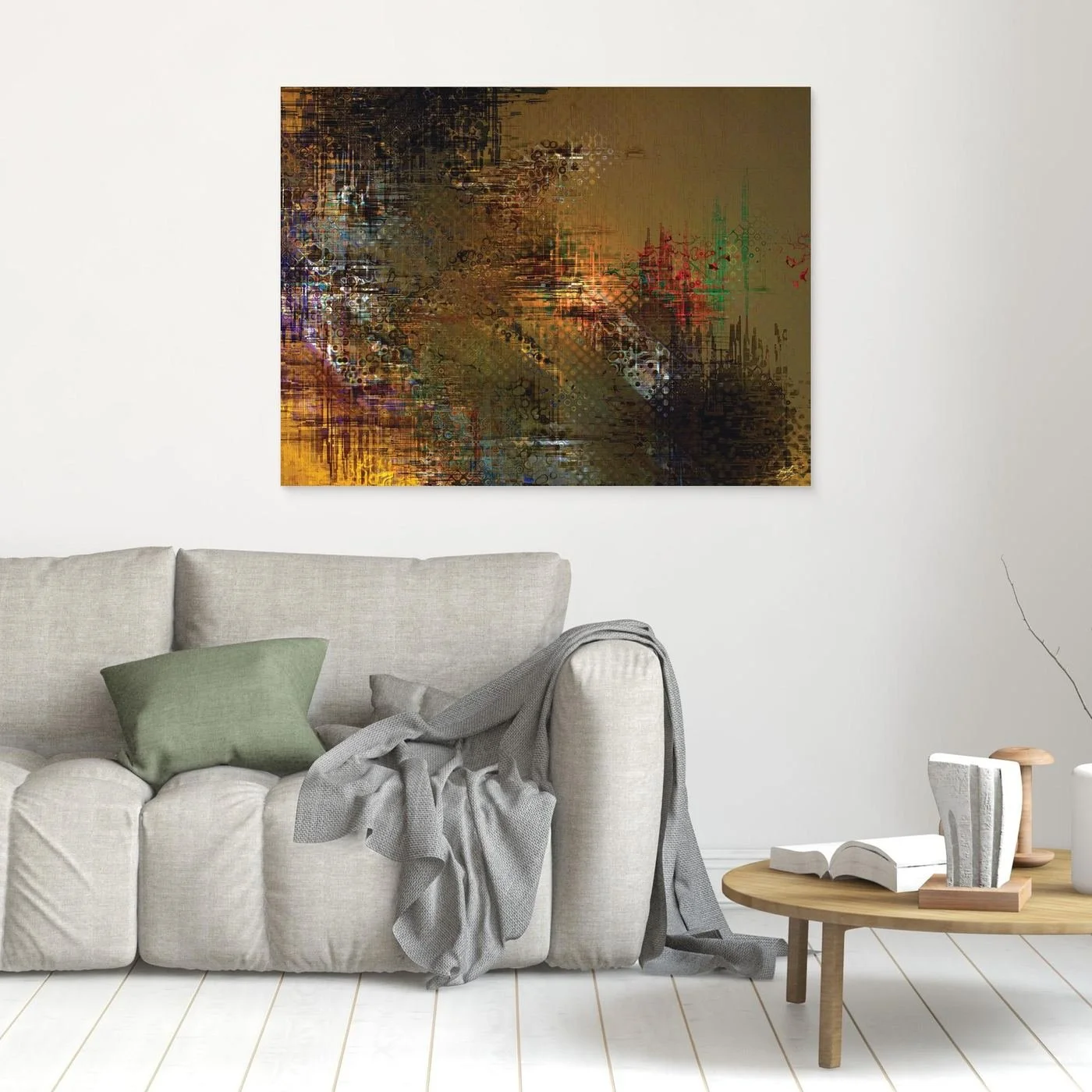 Abstract fine art print showcasing intricate glitch patterns and geometric grids overlaying a muted brown background with industrial tones, framed and ready to hang. In living room