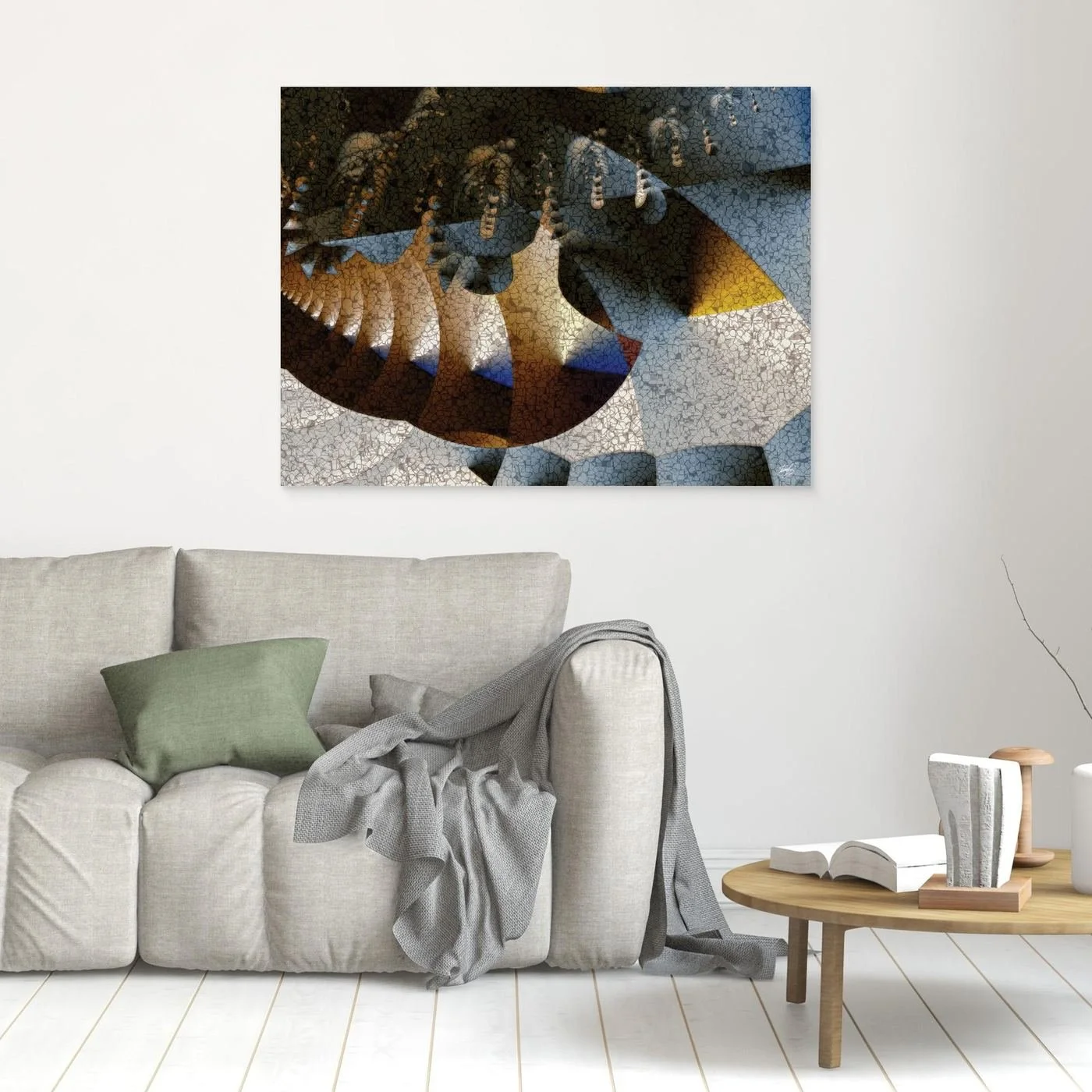 Abstract fine art print featuring textured geometric shapes, mosaic patterns, and a color palette of gold, brown, and blue, framed and ready to hang. In living room