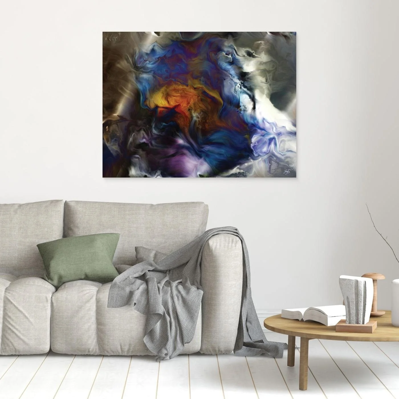 Abstract fine art print showcasing a fluid, marble-like cosmic swirl with deep blue, purple, and glowing amber tones surrounded by smoky neutral textures, framed and ready to hang. In living room