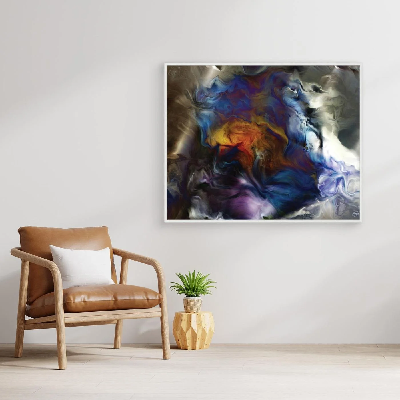 Abstract fine art print showcasing a fluid, marble-like cosmic swirl with deep blue, purple, and glowing amber tones surrounded by smoky neutral textures, framed and ready to hang. With chair
