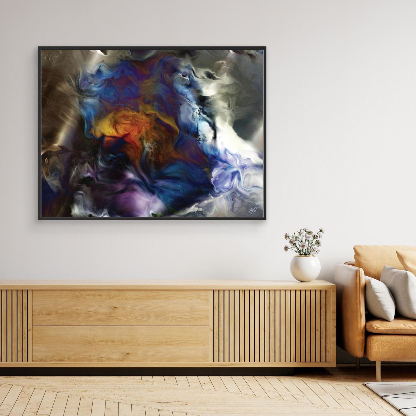 Abstract fine art print showcasing a fluid, marble-like cosmic swirl with deep blue, purple, and glowing amber tones surrounded by smoky neutral textures, framed and ready to hang. Over console