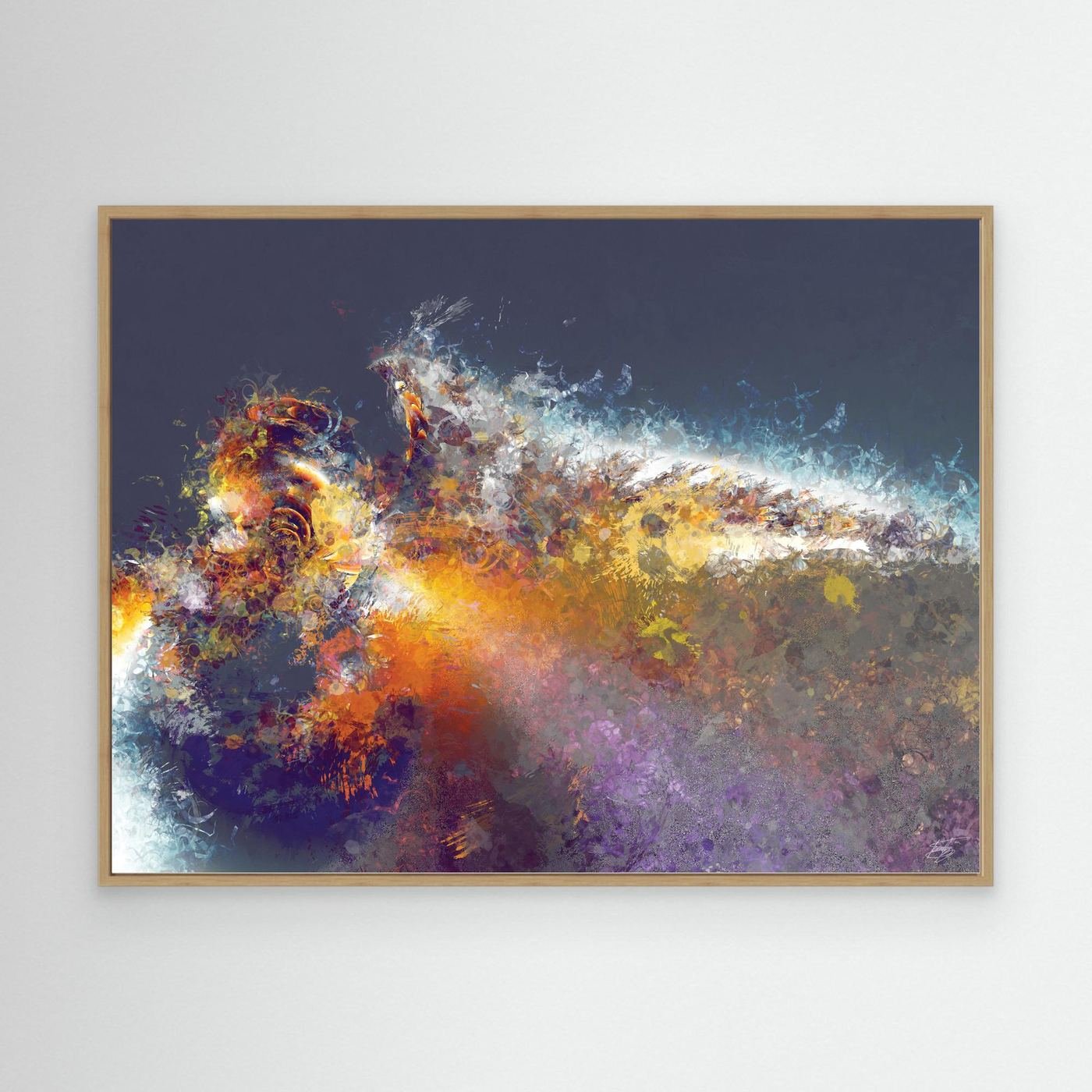 Dynamic abstract fine art print featuring explosive textured splatters in gold, orange, and white tones against a dark grey background, framed and ready to hang. With wooden frame