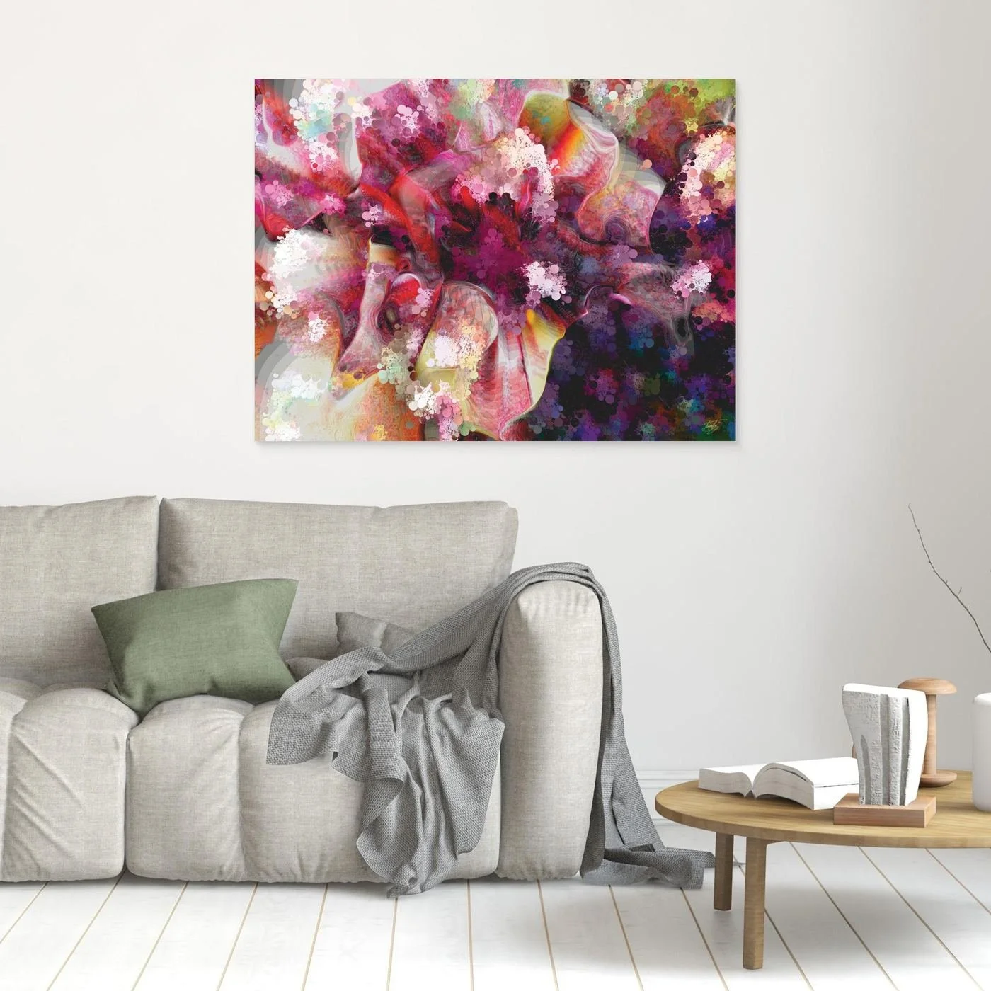 Vibrant abstract fine art print featuring pink, purple, and red floral textures, framed and ready to hang. In living room