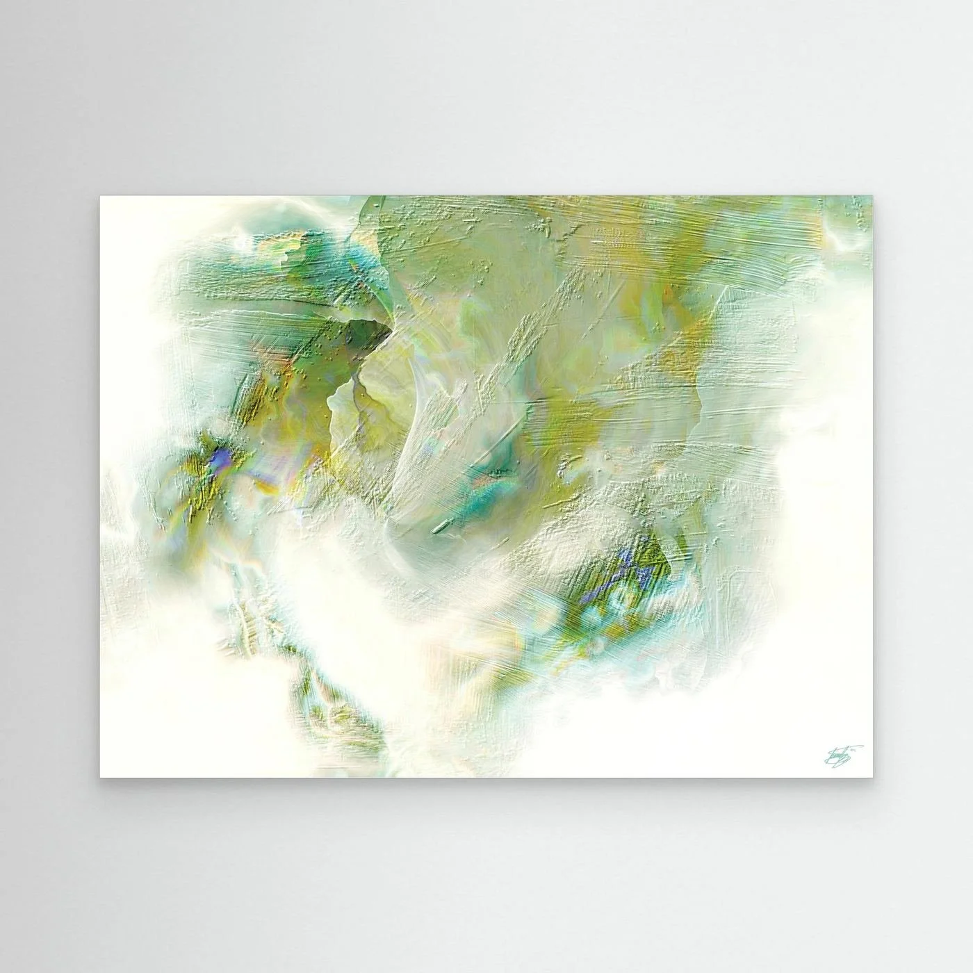 Minimalist fine art print showcasing heavy impasto brushstroke textures in soft sage, olive green, and beige tones on a bright white background, framed and ready to hang.
