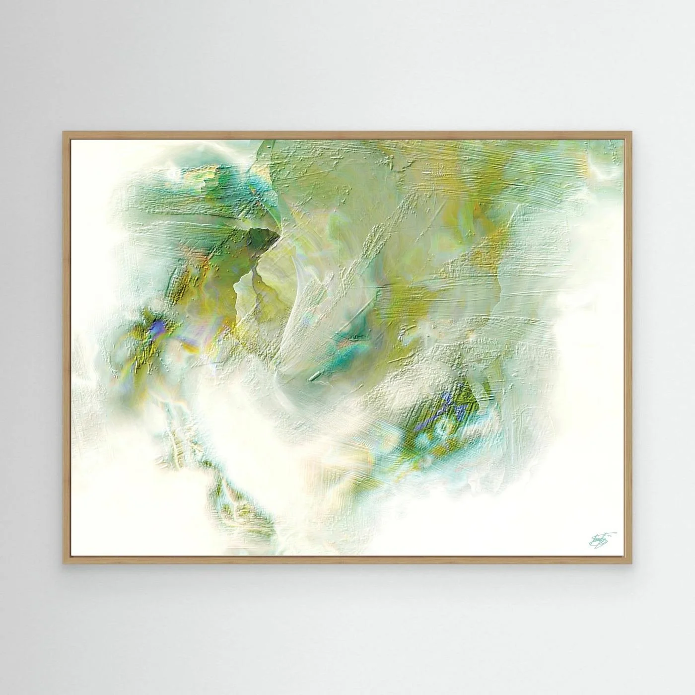 Minimalist fine art print showcasing heavy impasto brushstroke textures in soft sage, olive green, and beige tones on a bright white background, framed and ready to hang. With wooden frame