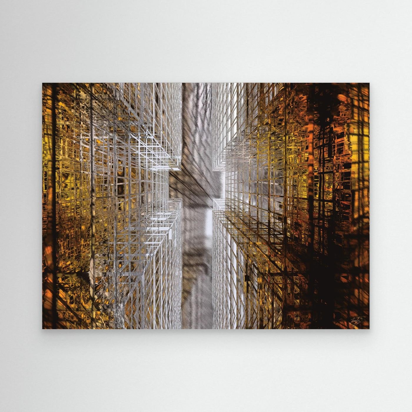 Abstract fine art print showing a dramatic top-down perspective of intricate geometric grid structures in industrial gold and silver tones, framed and ready to hang.