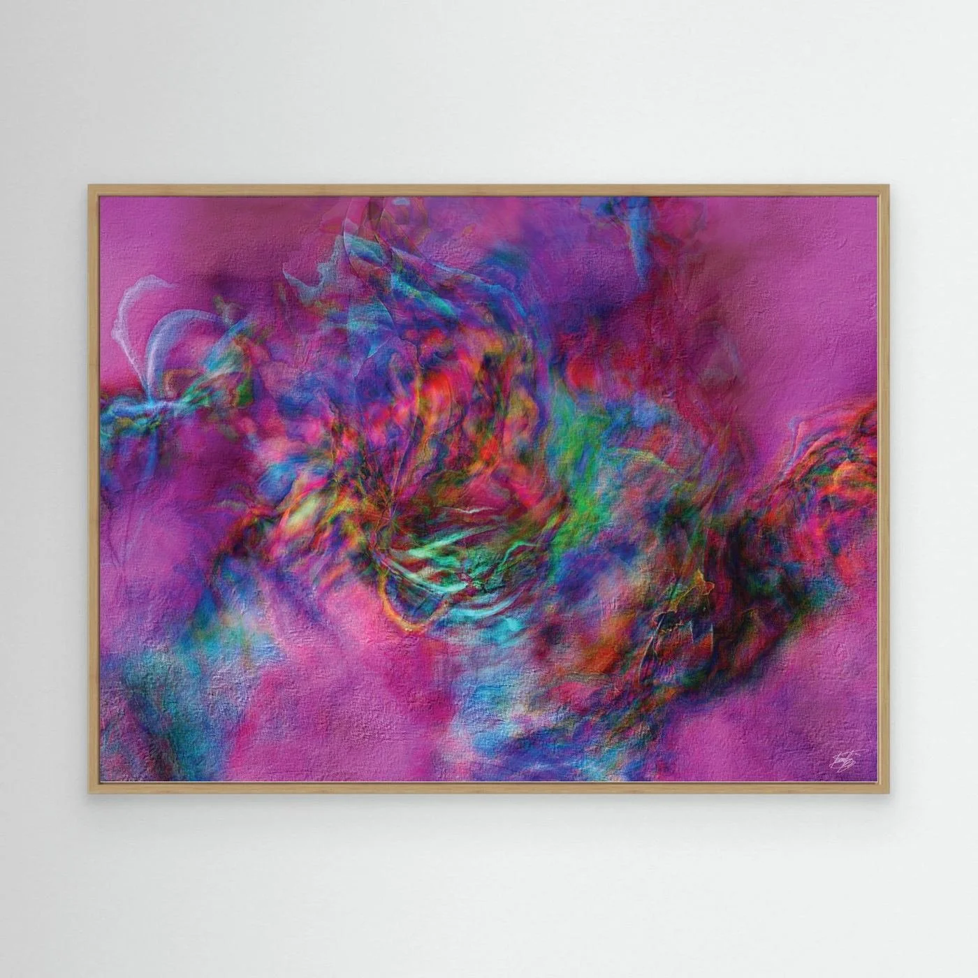 Abstract fine art print with heavy plaster-like texture featuring a vibrant magenta and pink background with a colorful swirling center, framed and ready to hang. With wooden frame