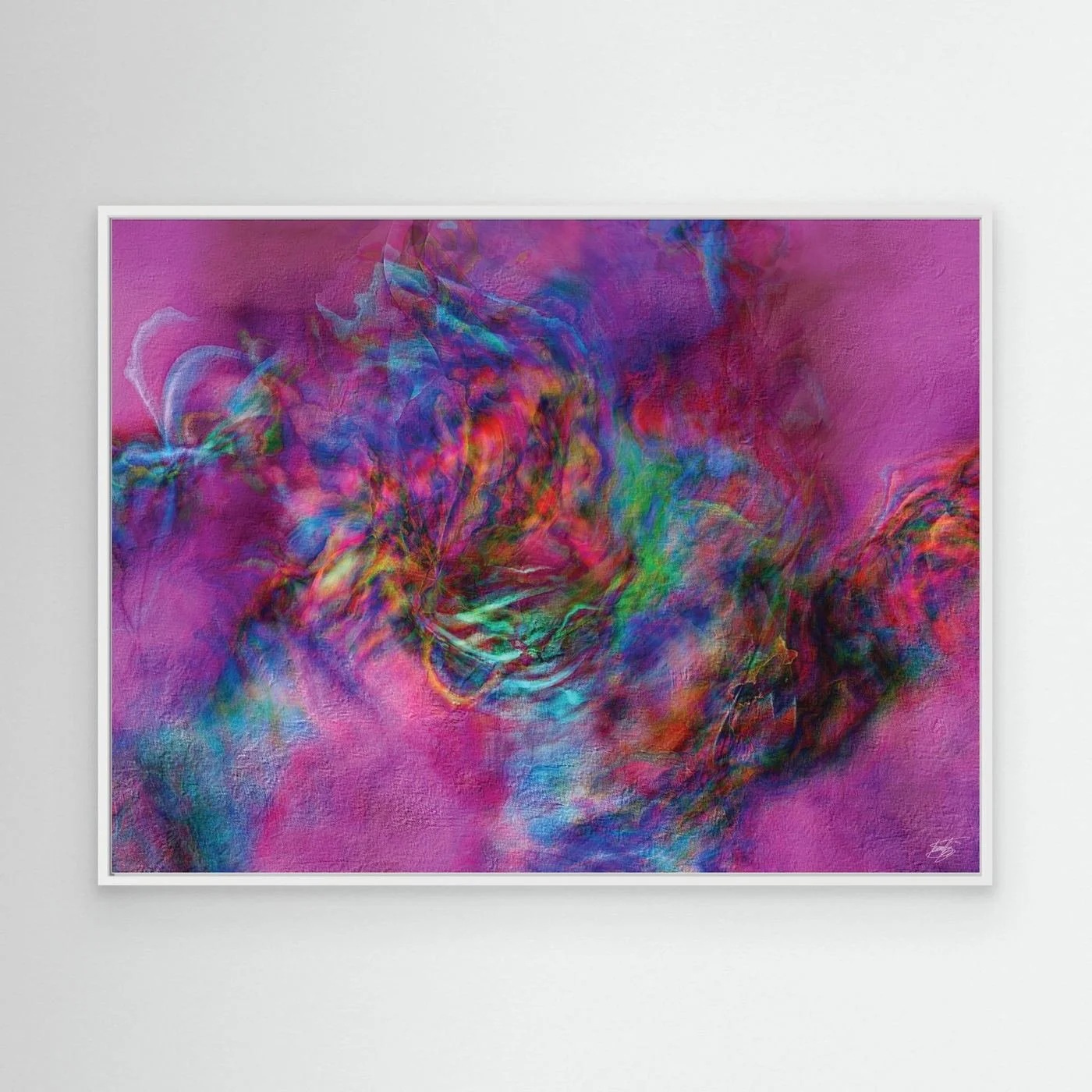 Abstract fine art print with heavy plaster-like texture featuring a vibrant magenta and pink background with a colorful swirling center, framed and ready to hang. With white frame