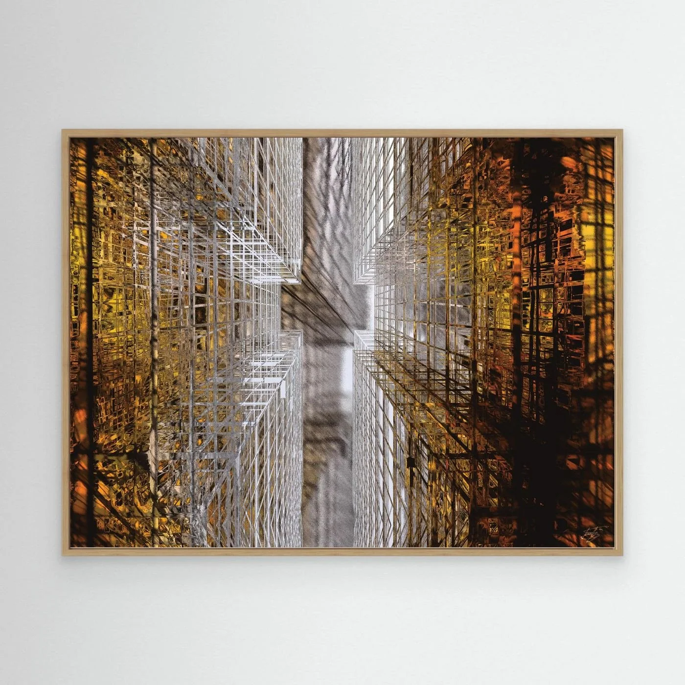 Abstract fine art print showing a dramatic top-down perspective of intricate geometric grid structures in industrial gold and silver tones, framed and ready to hang. With wooden frame