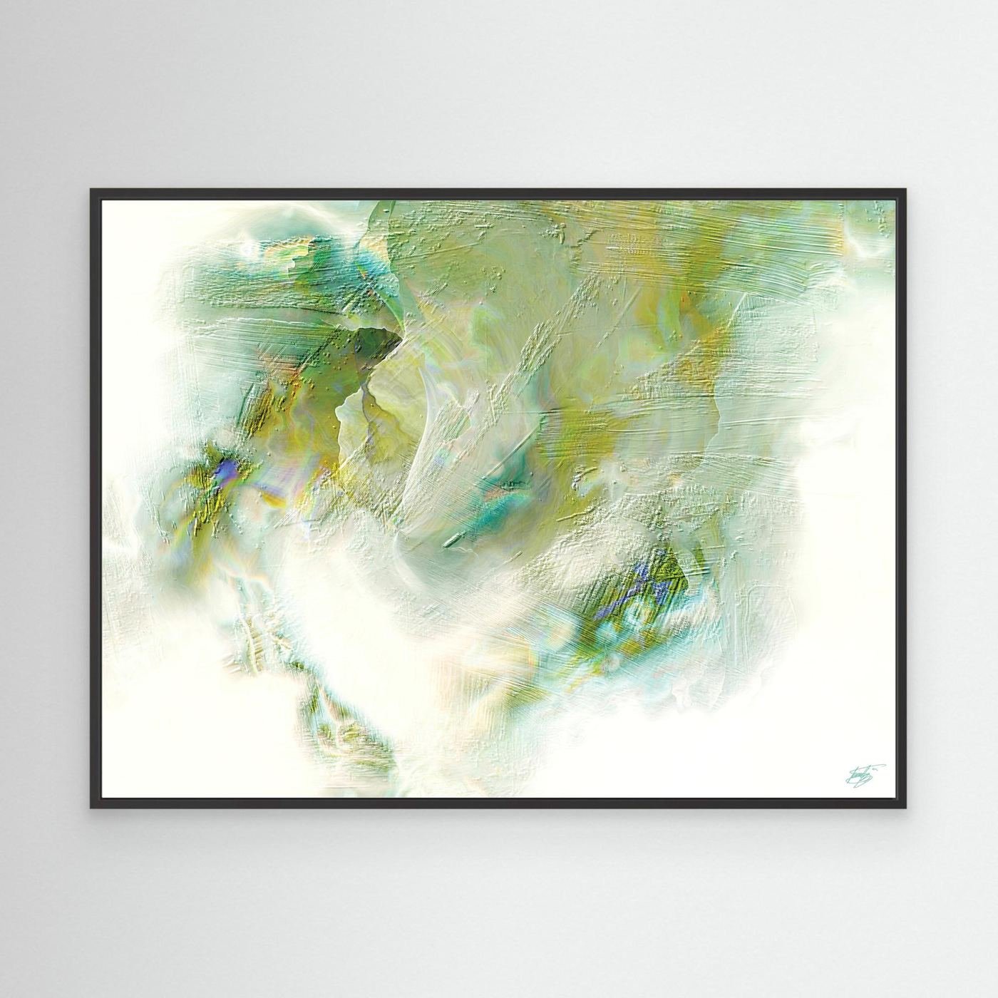 Minimalist fine art print showcasing heavy impasto brushstroke textures in soft sage, olive green, and beige tones on a bright white background, framed and ready to hang. With black frame