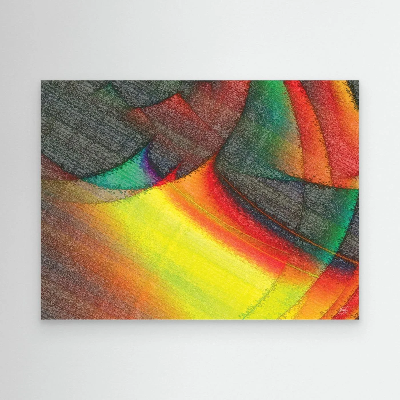 Abstract fine art print featuring overlapping geometric shapes, and a bright glowing yellow and red light effect against dark textured patterns, framed and ready to hang.