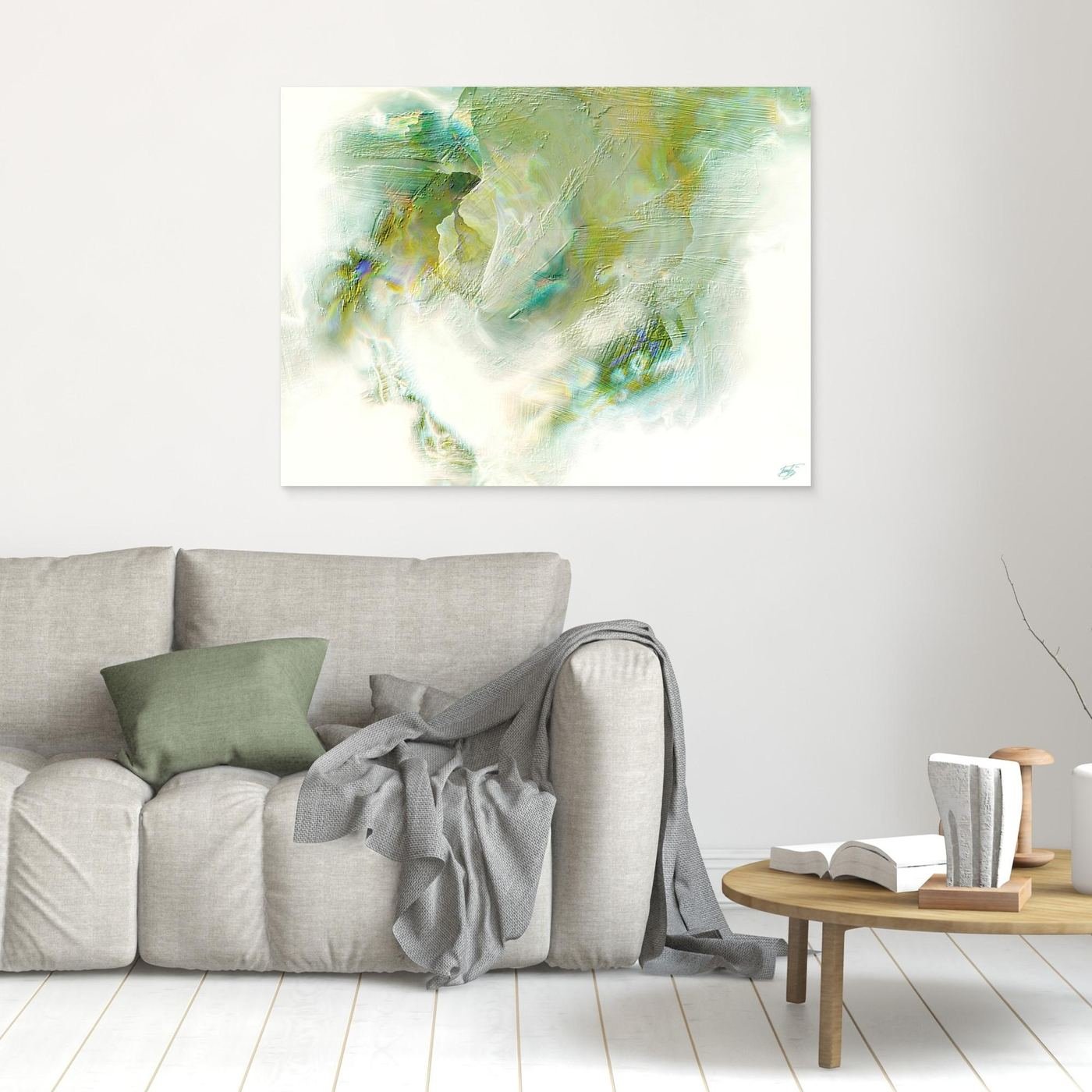 Minimalist fine art print showcasing heavy impasto brushstroke textures in soft sage, olive green, and beige tones on a bright white background, framed and ready to hang. In living room