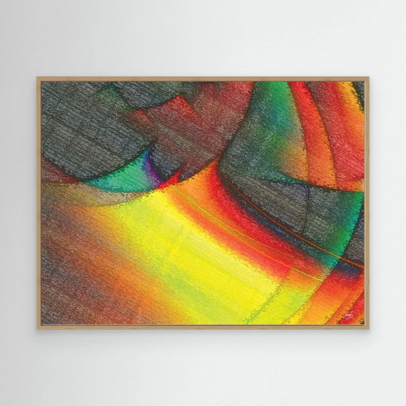 Abstract fine art print featuring overlapping geometric shapes, and a bright glowing yellow and red light effect against dark textured patterns, framed and ready to hang. With wooden frame