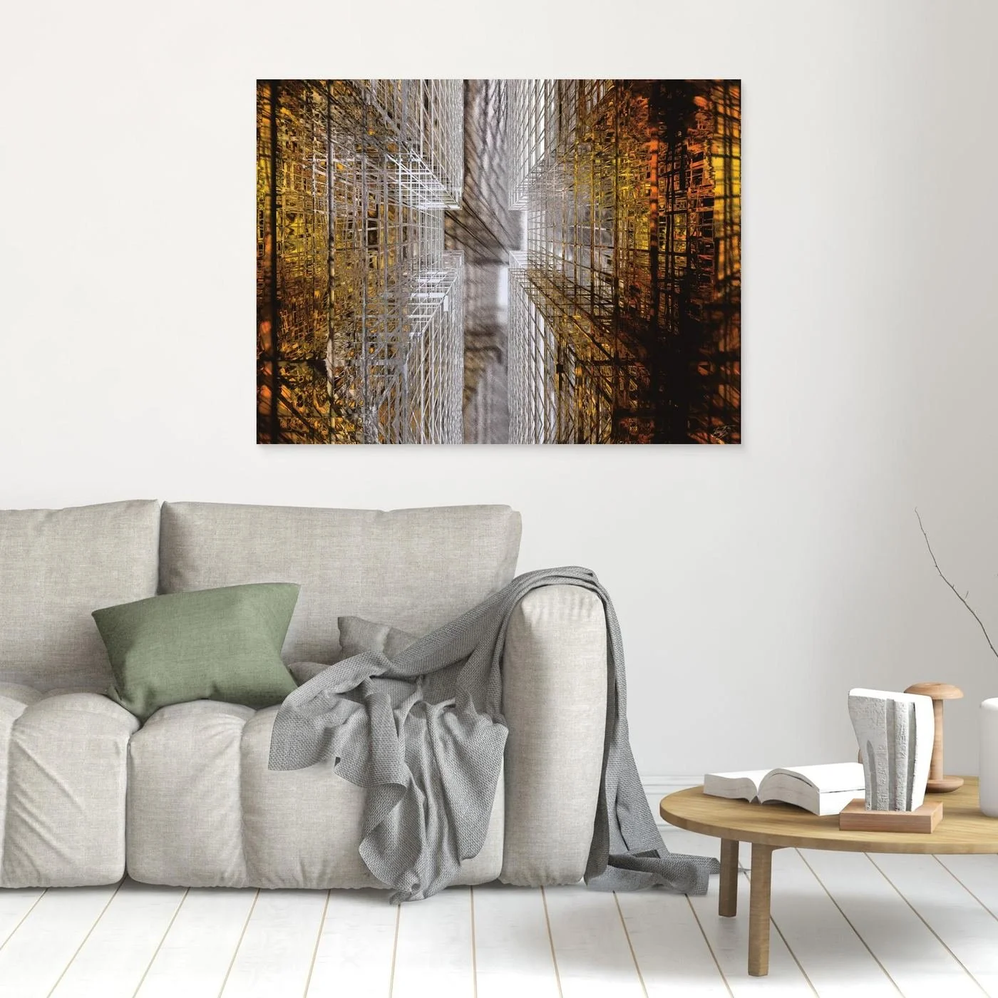 Abstract fine art print showing a dramatic top-down perspective of intricate geometric grid structures in industrial gold and silver tones, framed and ready to hang. In living room