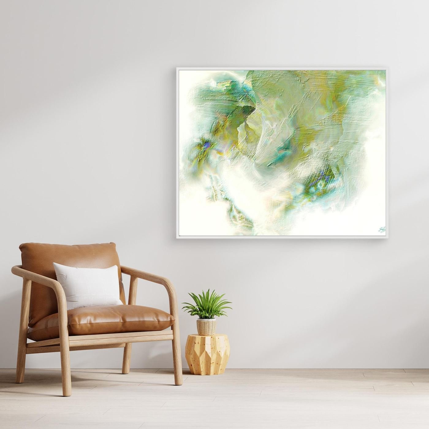 Minimalist fine art print showcasing heavy impasto brushstroke textures in soft sage, olive green, and beige tones on a bright white background, framed and ready to hang. With chair