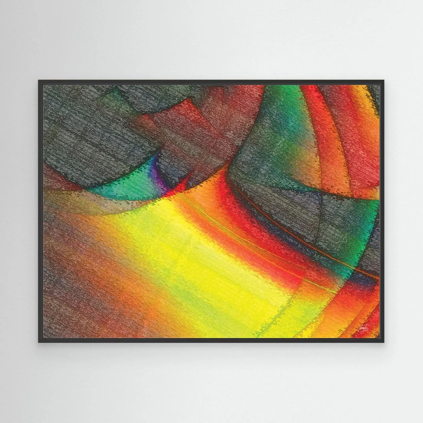 Abstract fine art print featuring overlapping geometric shapes, and a bright glowing yellow and red light effect against dark textured patterns, framed and ready to hang. With black frame