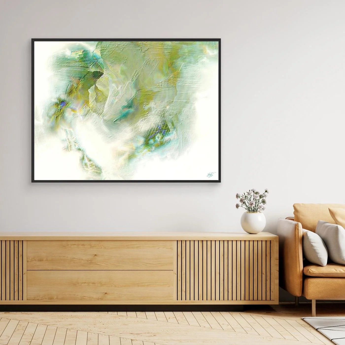 Minimalist fine art print showcasing heavy impasto brushstroke textures in soft sage, olive green, and beige tones on a bright white background, framed and ready to hang. Over wooden console