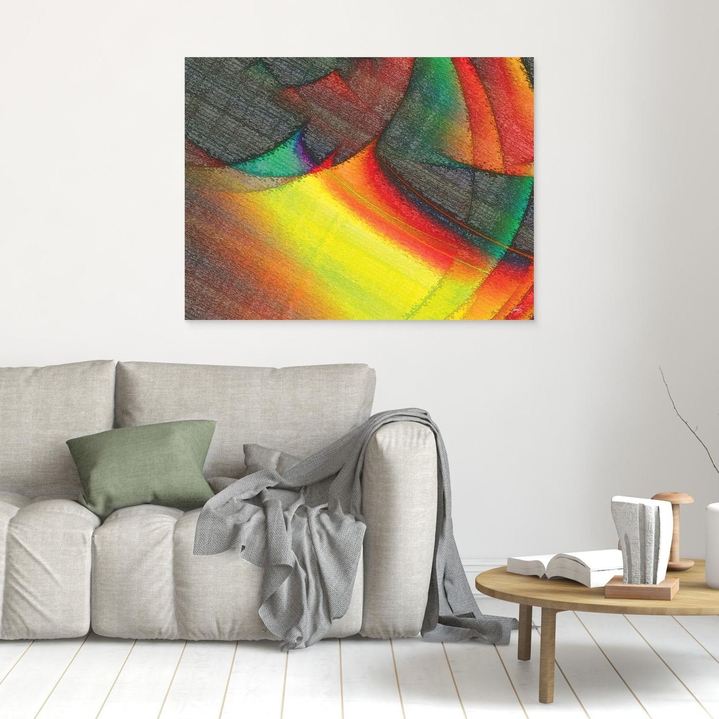 Abstract fine art print featuring overlapping geometric shapes, and a bright glowing yellow and red light effect against dark textured patterns, framed and ready to hang. In living room