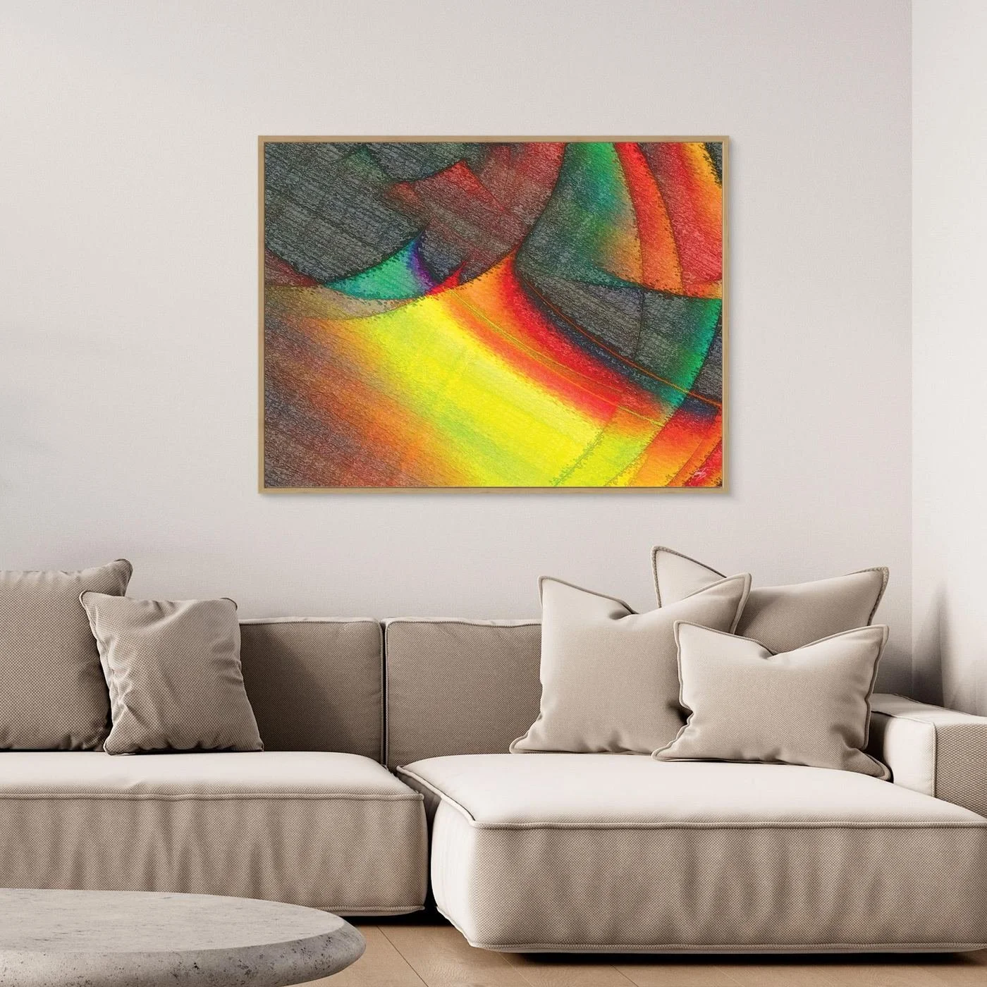 Abstract fine art print featuring overlapping geometric shapes, and a bright glowing yellow and red light effect against dark textured patterns, framed and ready to hang. Over grey couch