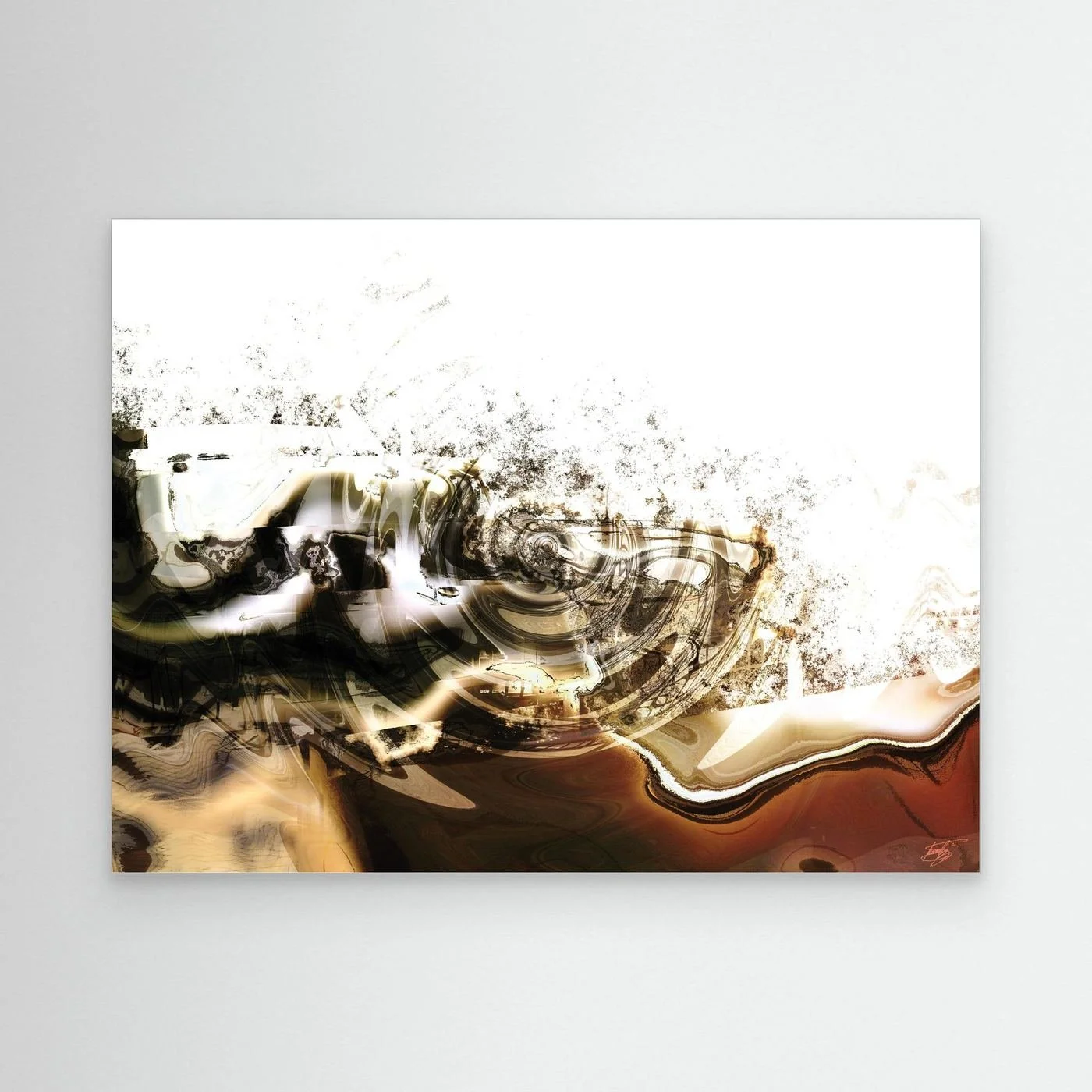 Minimalist digital art print featuring fluid abstract waves and splatters in brown, sepia, and black tones on a clean white background, framed and ready to hang.