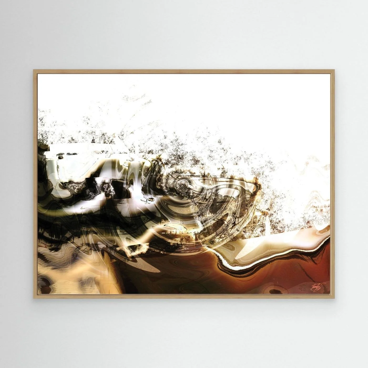 Minimalist digital art print featuring fluid abstract waves and splatters in brown, sepia, and black tones on a clean white background, framed and ready to hang. With wooden frame