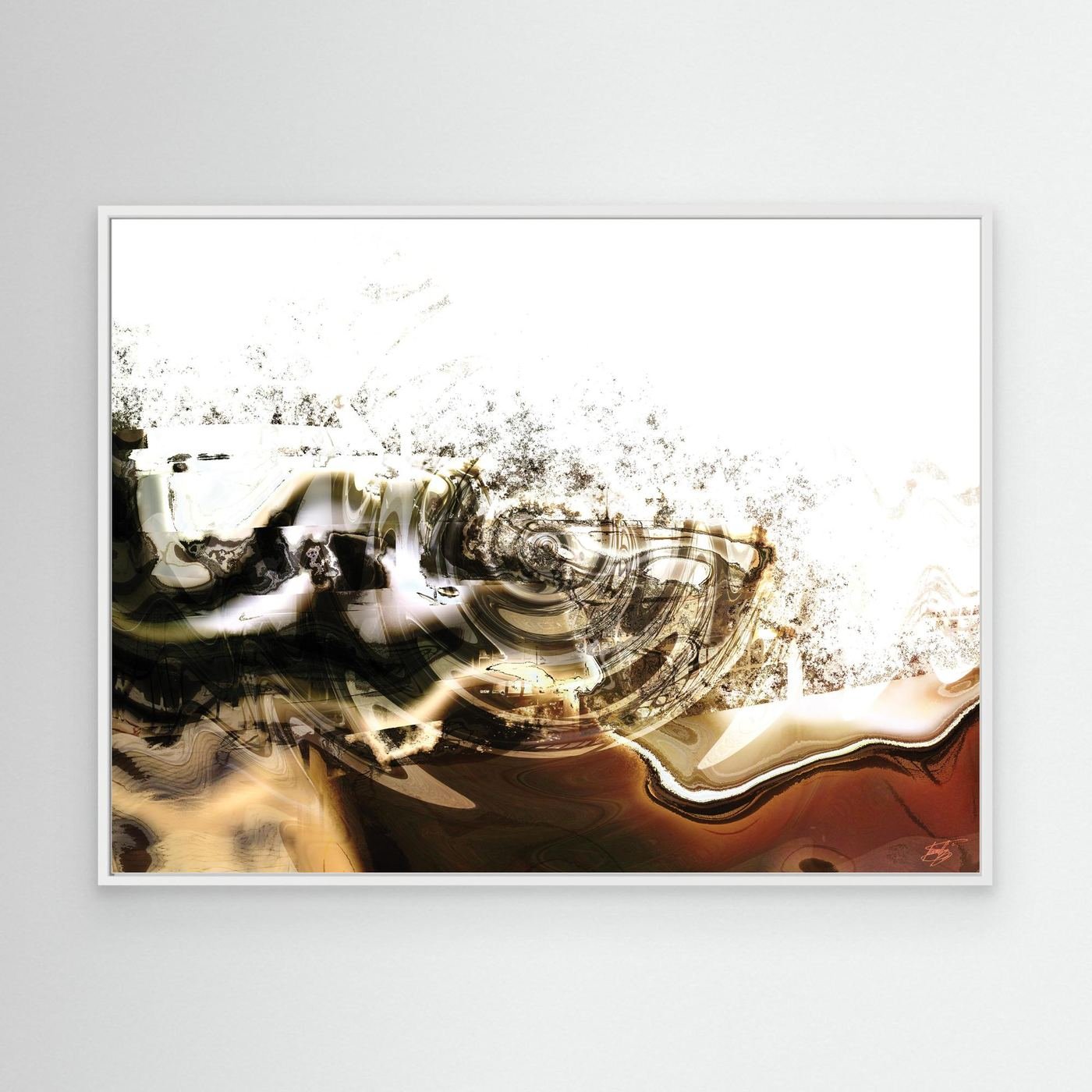 Minimalist digital art print featuring fluid abstract waves and splatters in brown, sepia, and black tones on a clean white background, framed and ready to hang. With white frame