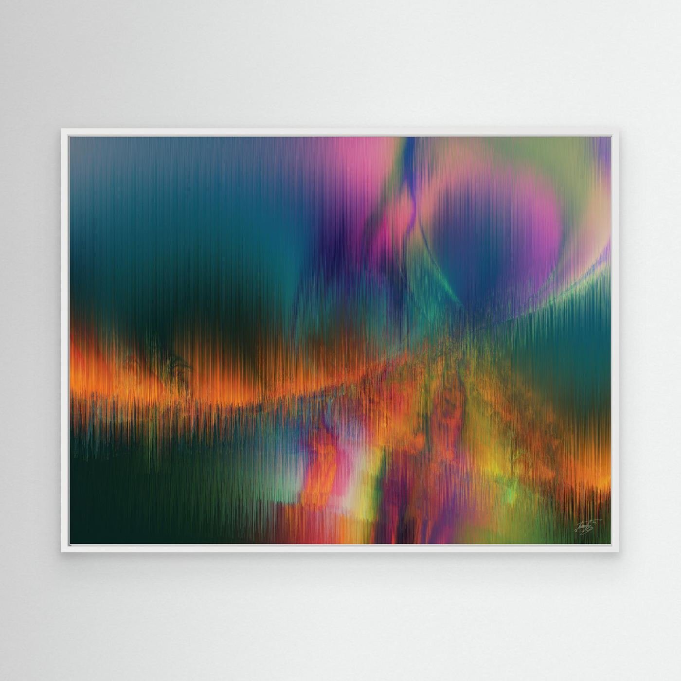 Abstract fine art print featuring vertical line textures reminiscent of a colorful landscape or aurora borealis with green, purple, and fiery orange tones, framed and ready to hang. With white frame