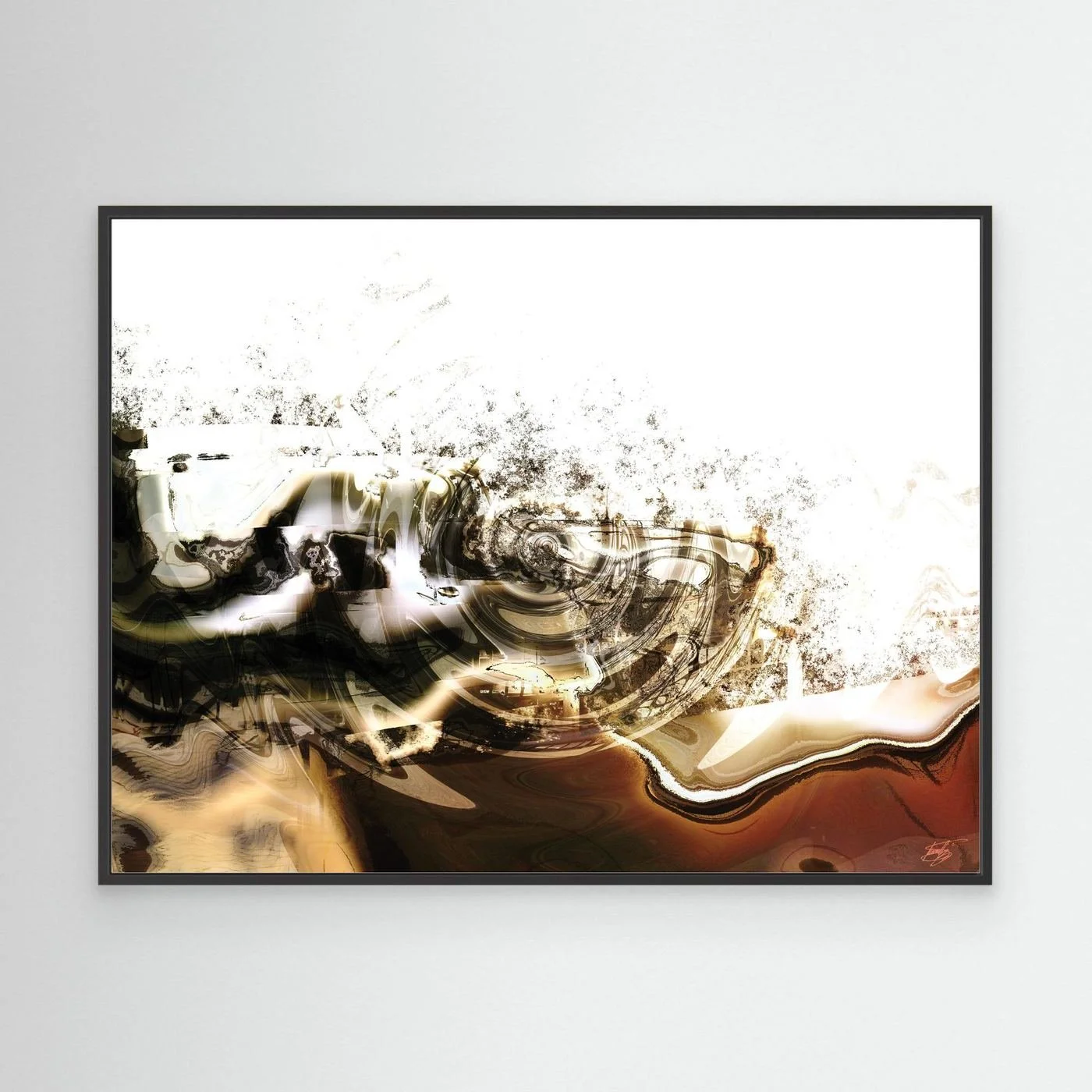 Minimalist digital art print featuring fluid abstract waves and splatters in brown, sepia, and black tones on a clean white background, framed and ready to hang. With black frame