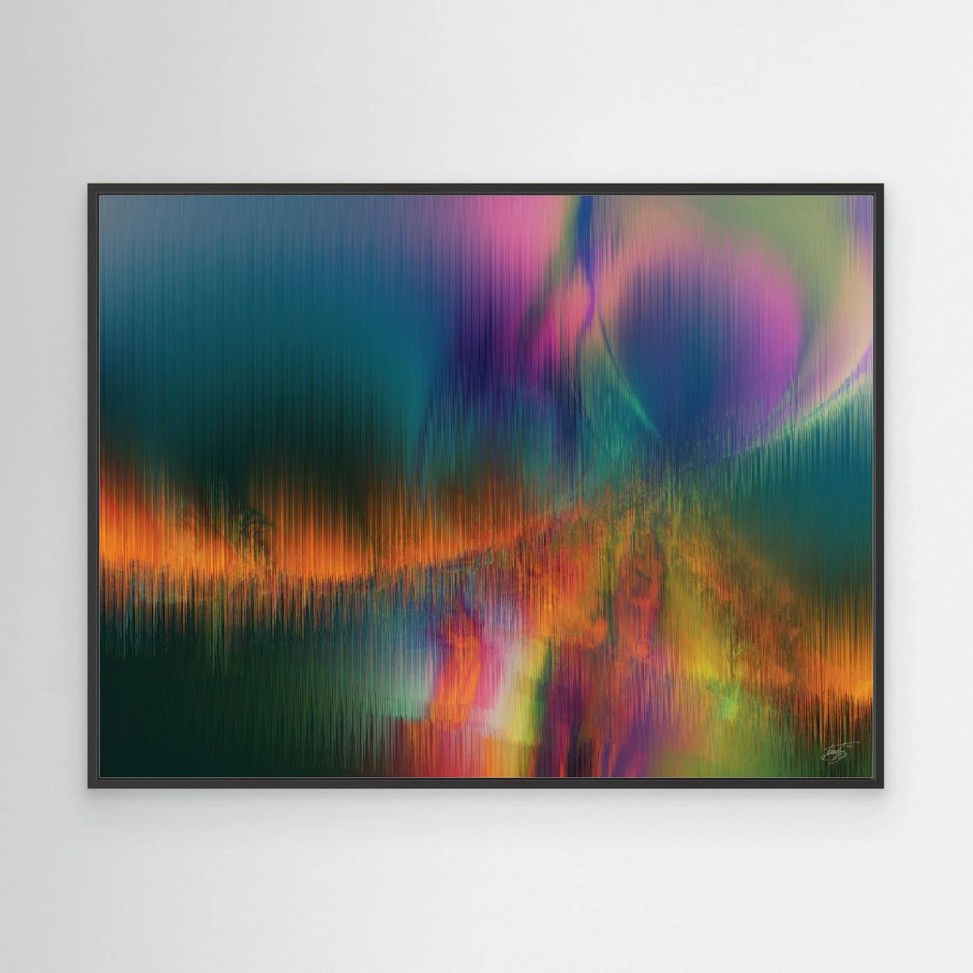 Abstract fine art print featuring vertical line textures reminiscent of a colorful landscape or aurora borealis with green, purple, and fiery orange tones, framed and ready to hang. With black frame