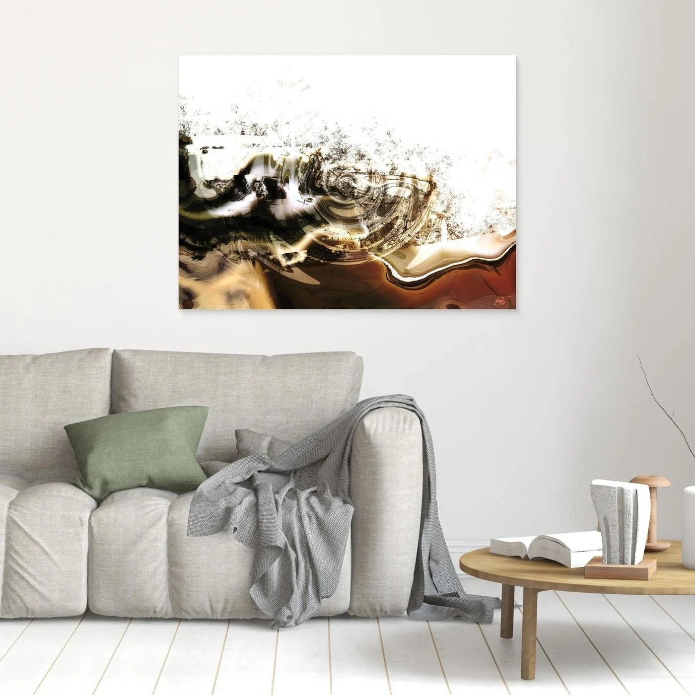 Minimalist digital art print featuring fluid abstract waves and splatters in brown, sepia, and black tones on a clean white background, framed and ready to hang. In living room