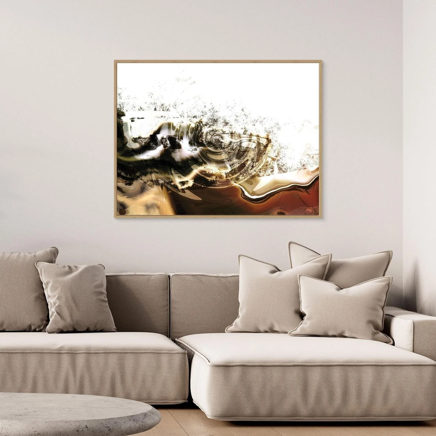 Minimalist digital art print featuring fluid abstract waves and splatters in brown, sepia, and black tones on a clean white background, framed and ready to hang. Over grey couch