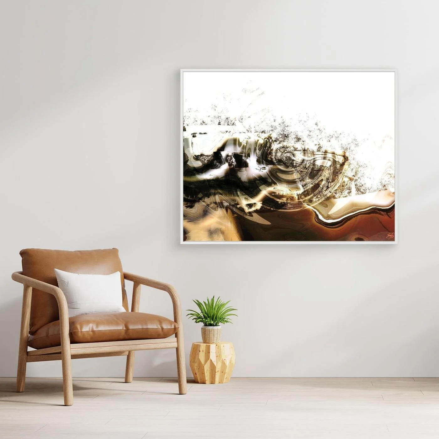 Minimalist digital art print featuring fluid abstract waves and splatters in brown, sepia, and black tones on a clean white background, framed and ready to hang. With chair