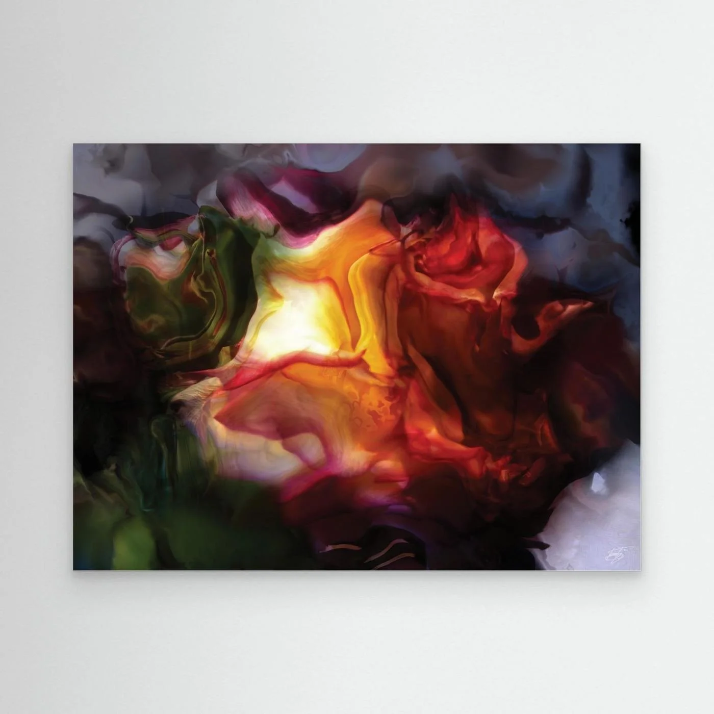 Moody abstract fine art print with a glowing translucent floral shape in fiery orange, deep red, and dark green tones surrounded by smoky textures, framed and ready to hang.