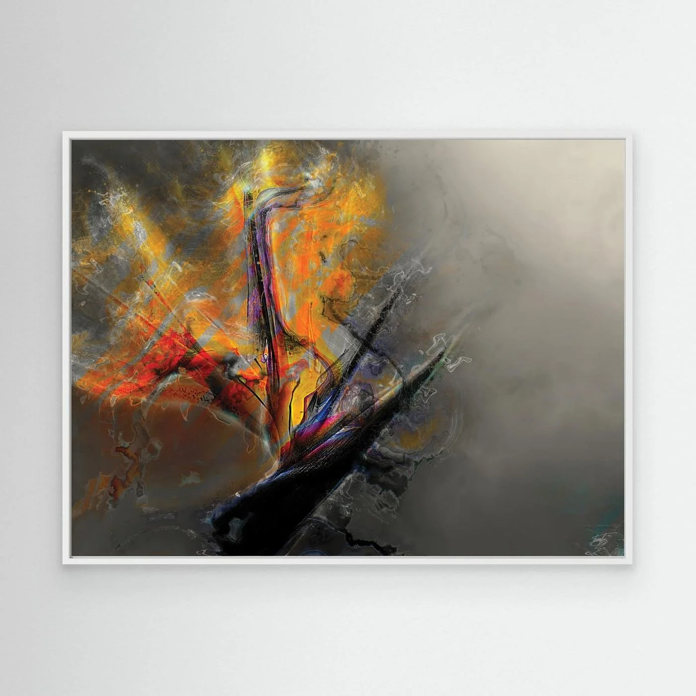 Abstract fine art print with dramatic explosion of textured orange, yellow, and red fiery shapes contrasting against a smoky gray background, framed and ready to hang. With white frame