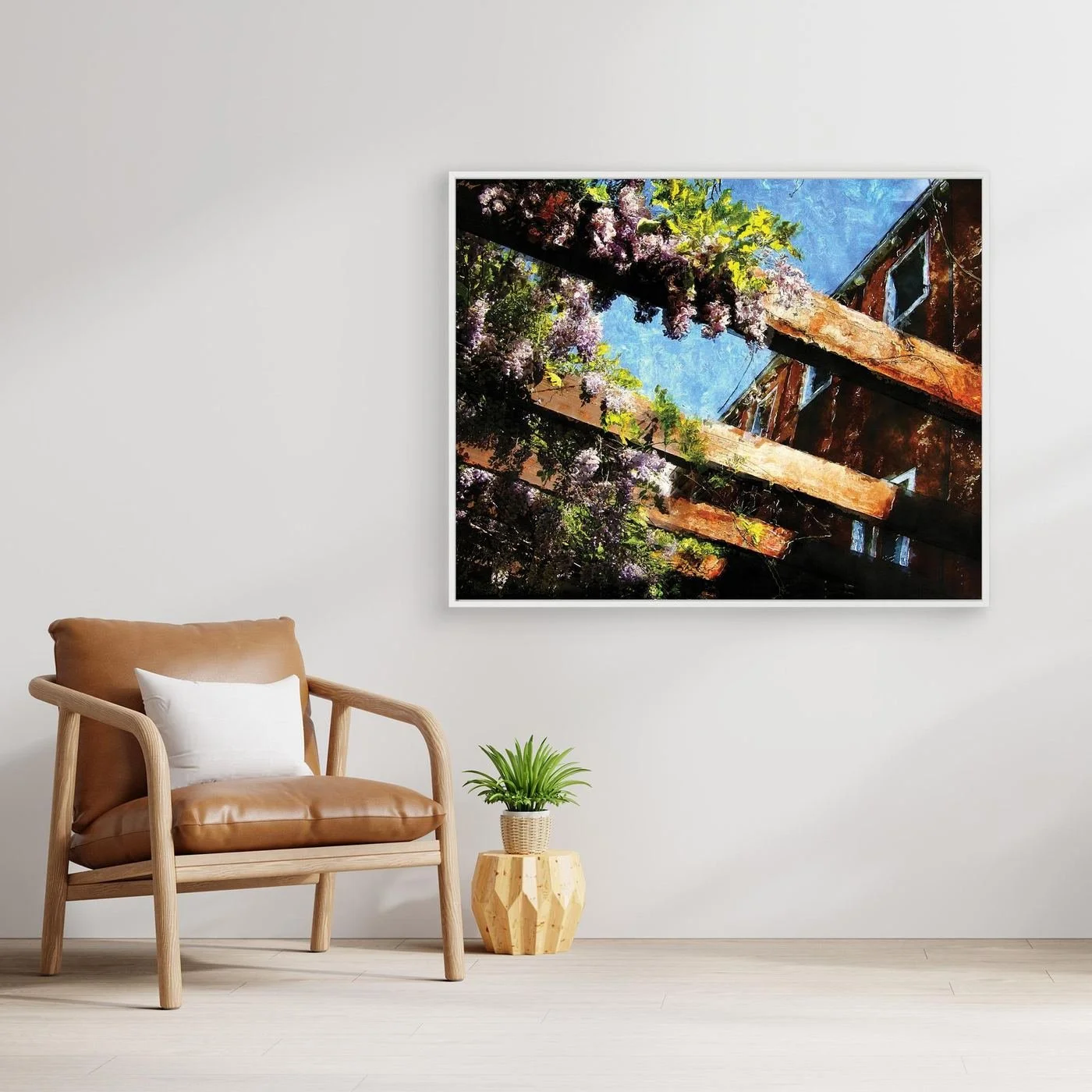 Impressionist fine art print showcasing purple wisteria flowers climbing over rustic wooden pergola beams against a textured blue sky, framed and ready to hang. With chair