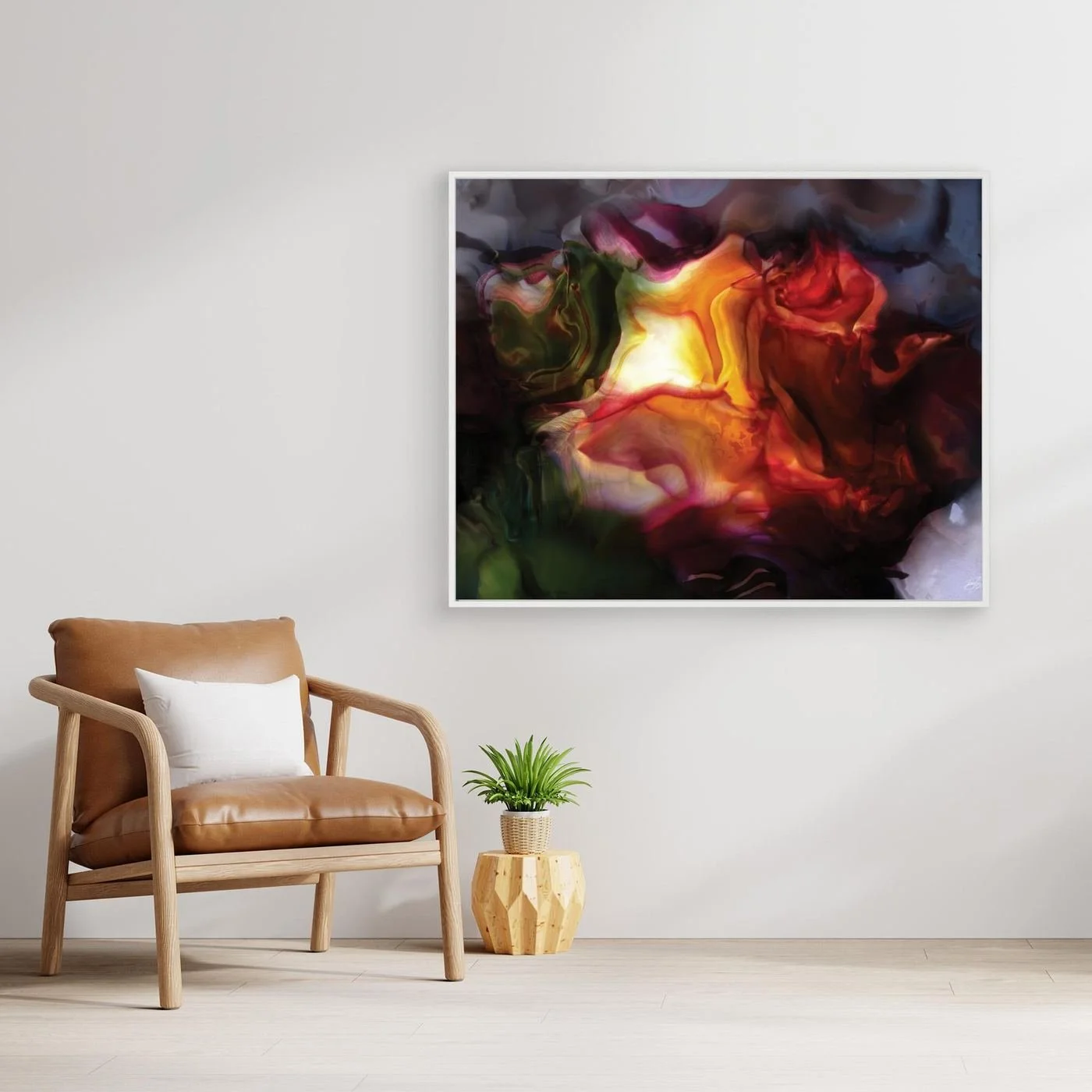 Moody abstract fine art print with a glowing translucent floral shape in fiery orange, deep red, and dark green tones surrounded by smoky textures, framed and ready to hang. With chair