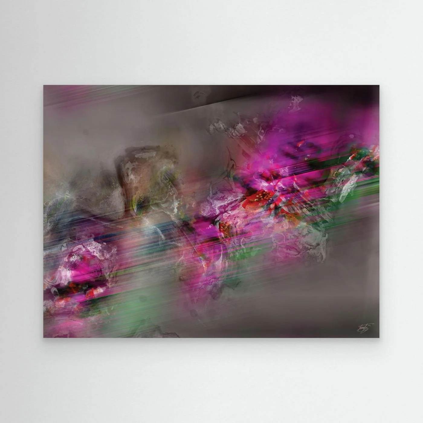 Dynamic digital art print featuring vibrant magenta and green streaks of motion contrasting against a smoky grey background, framed and ready to hang.