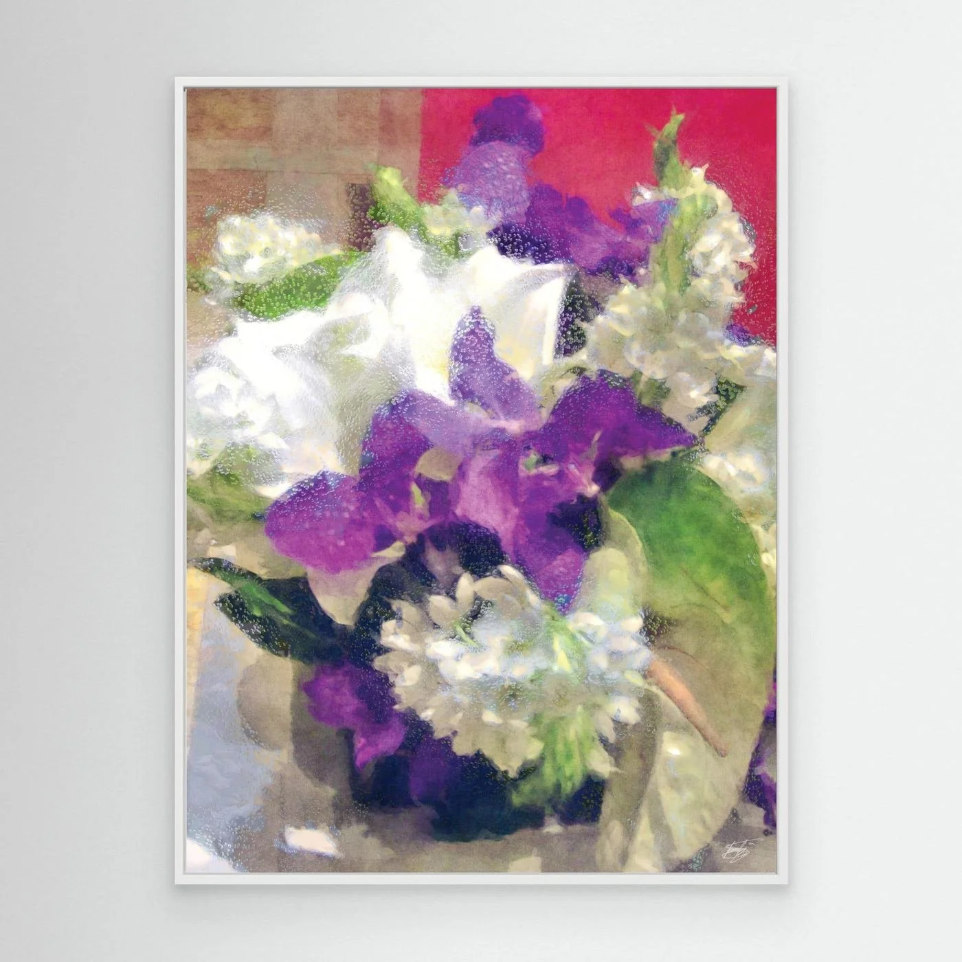 Abstract fine art print of a floral bouquet featuring white lilies and purple irises with a textured glass finish, framed and ready to hang. With white frame