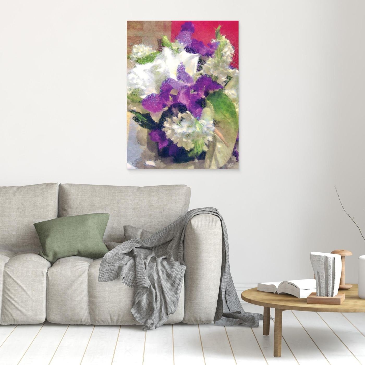 Abstract fine art print of a floral bouquet featuring white lilies and purple irises with a textured glass finish, framed and ready to hang. In living room
