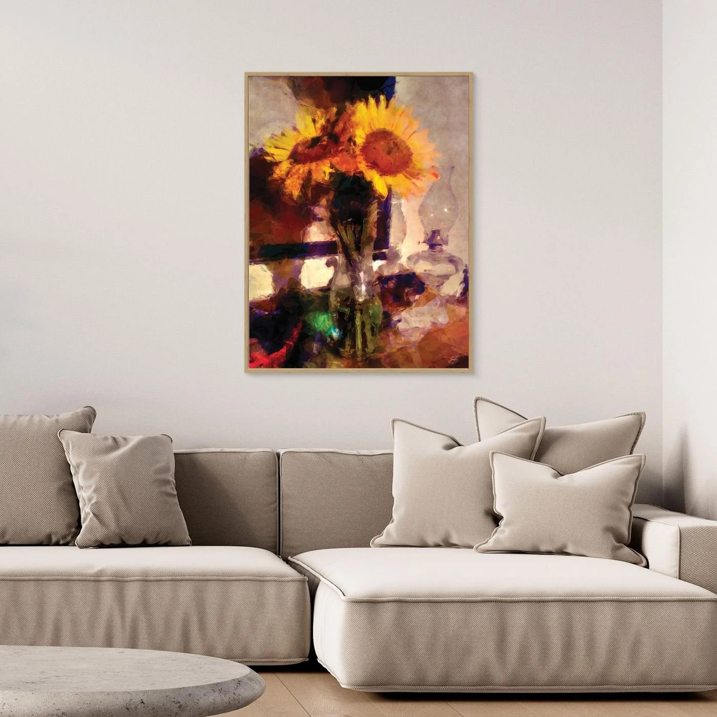 Fine art print depicting a rustic still life with vibrant yellow sunflowers in a vase next to a vintage glass kerosene lamp, featuring rich textures and warm orange and brown tones. Over grey couch