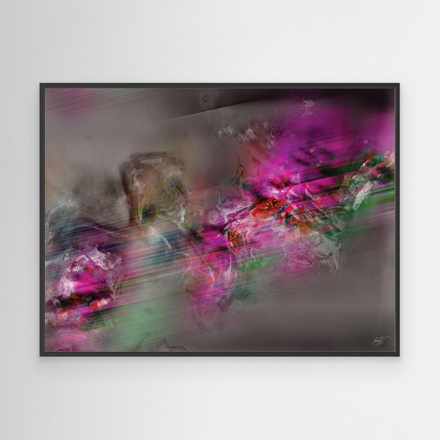 Dynamic digital art print featuring vibrant magenta and green streaks of motion contrasting against a smoky grey background, framed and ready to hang. With black frame