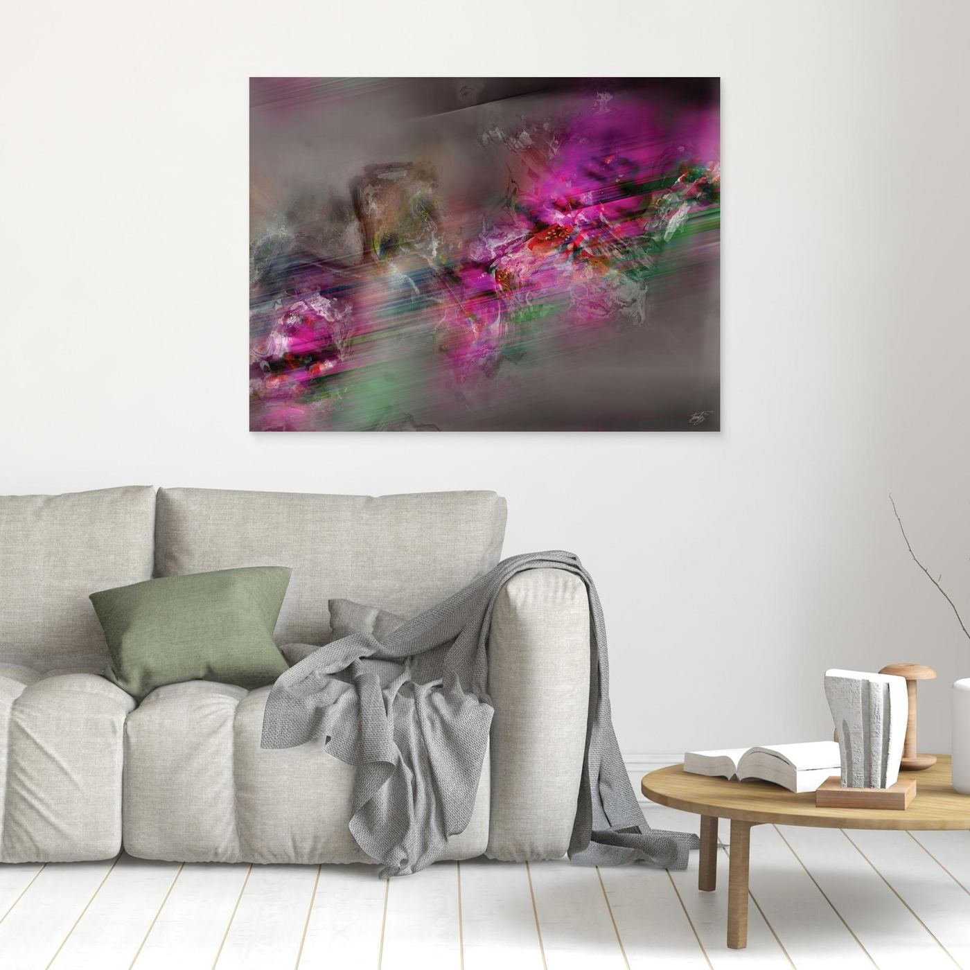 Dynamic digital art print featuring vibrant magenta and green streaks of motion contrasting against a smoky grey background, framed and ready to hang. In living room